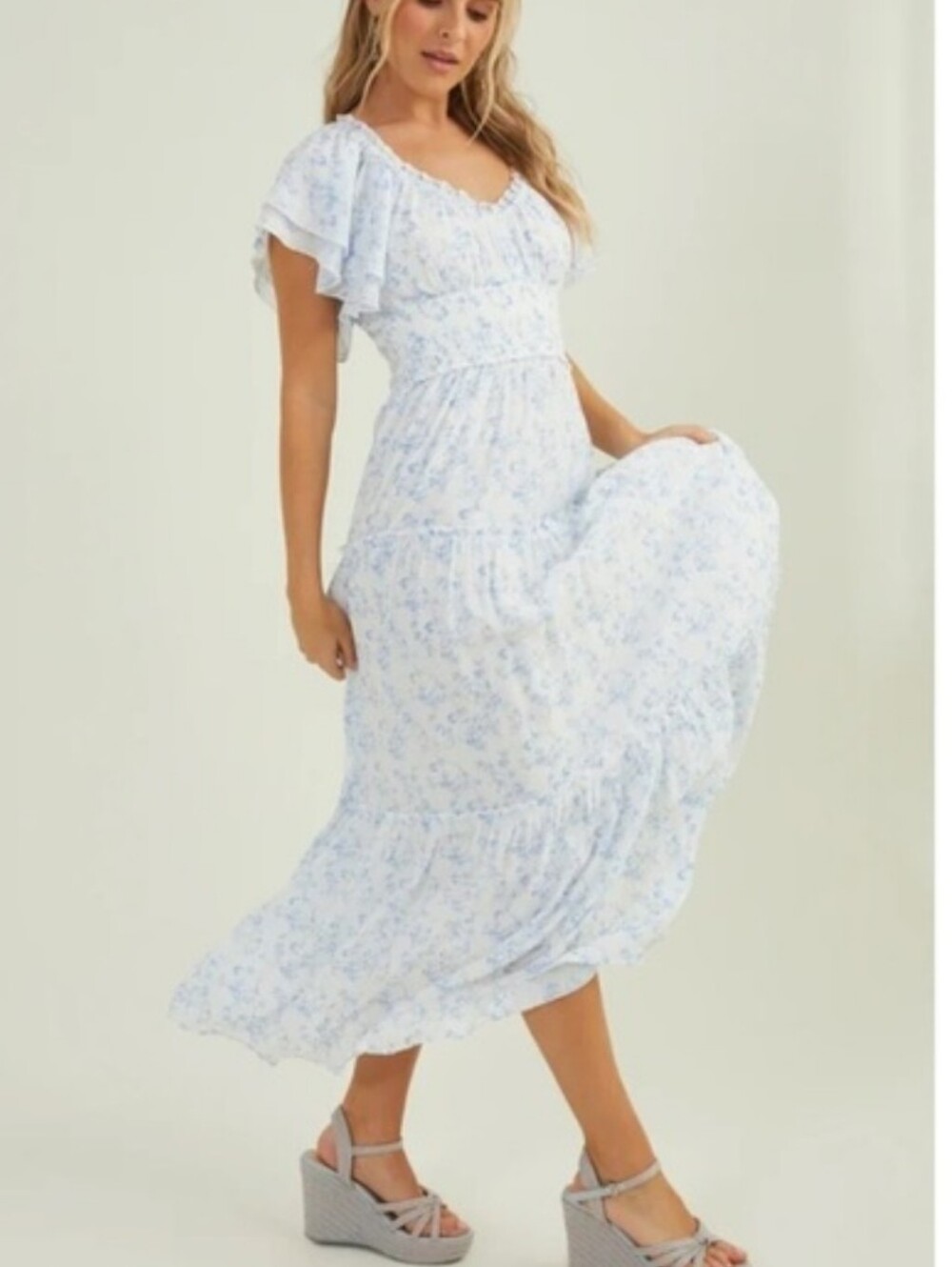 Light Blue Floral Midi Dress with Ruffle Sleeves - Picture 3 of 3